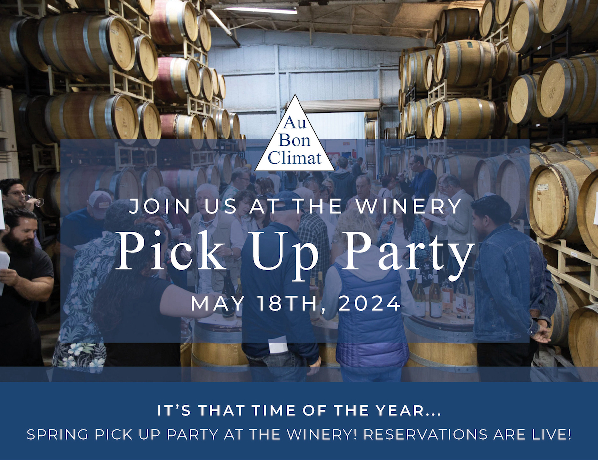 Wine Club Members taste wine at the winery in the background of an invitation to attend the May Wine Club Pickup Party.