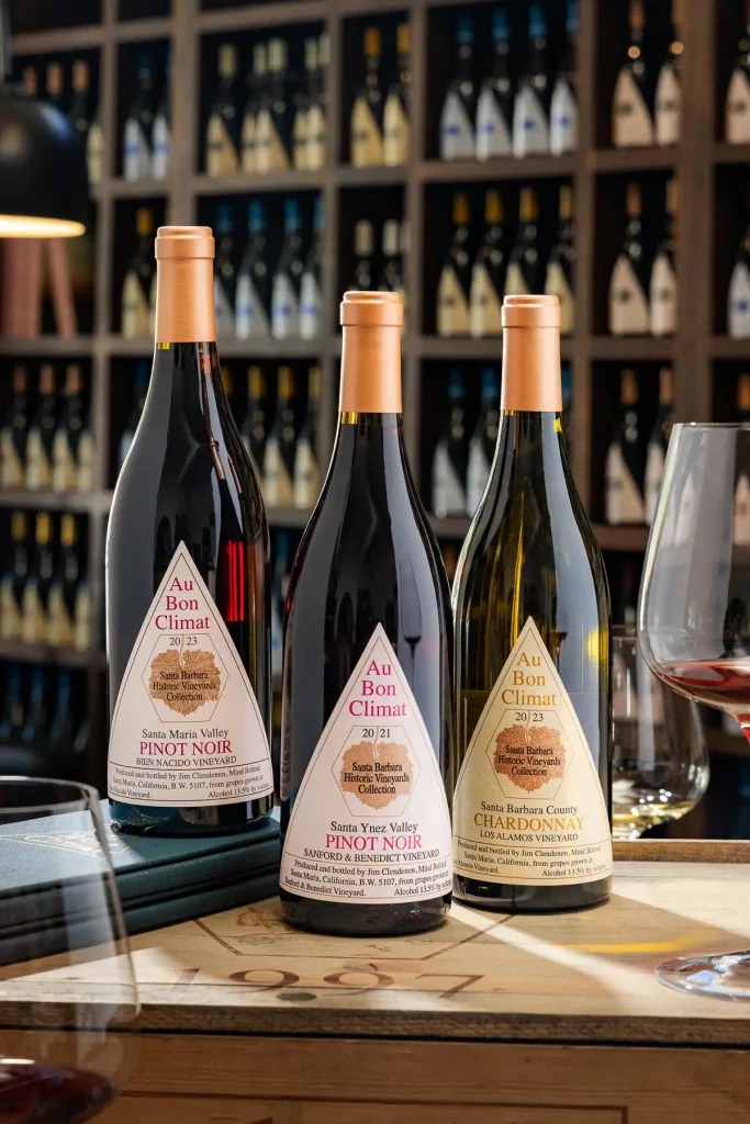 Au Bon Climat Historic Vineyard Wines in a corporate gifting bundle: 2023 Bien Nacido Vineyard Pinot Noir, 2021 Sanford and Benedict Vineyard Pinot Noir, 2023 Los Alamos vineyard Chardonnay