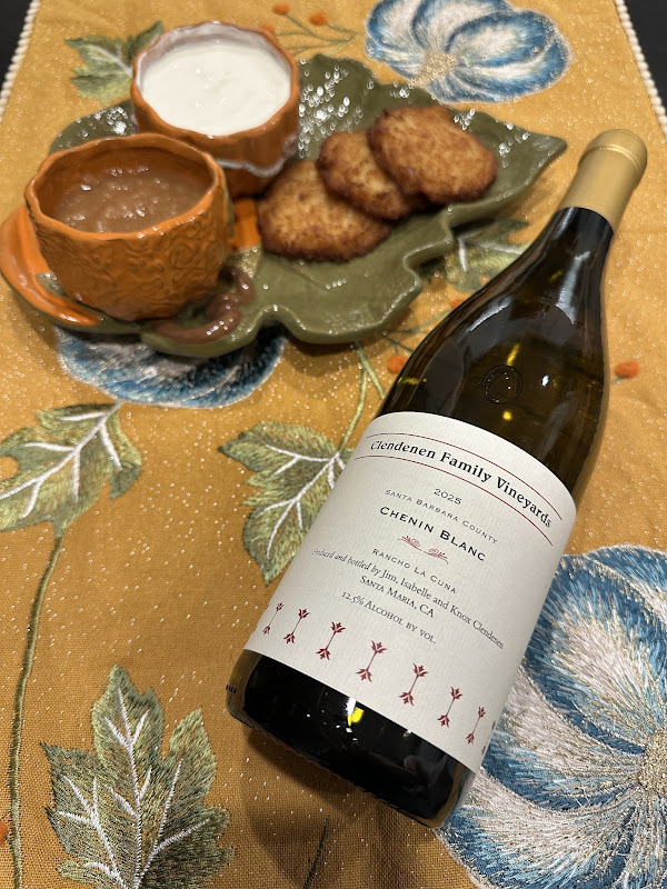Clendenen Family Vineyards 2025 Chenin Blanc paired with crispy potato latkes, applesauce, and sour cream on a festive autumn table.